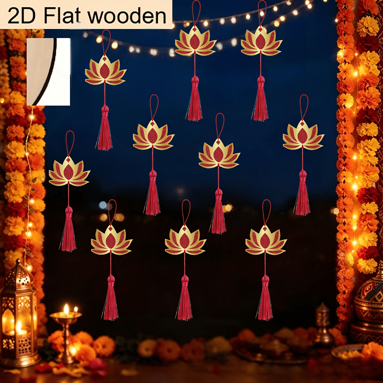 10pcs Wooden Lotus Pendant Set, Diwali Decoration
